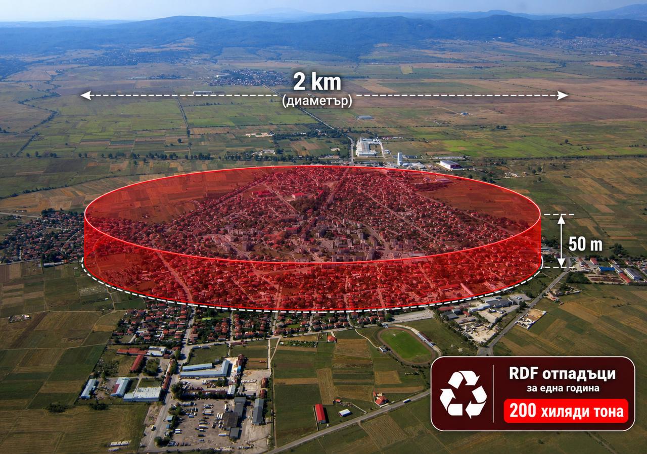 Визуализация на 200 000 тона RDF като обем над населено място